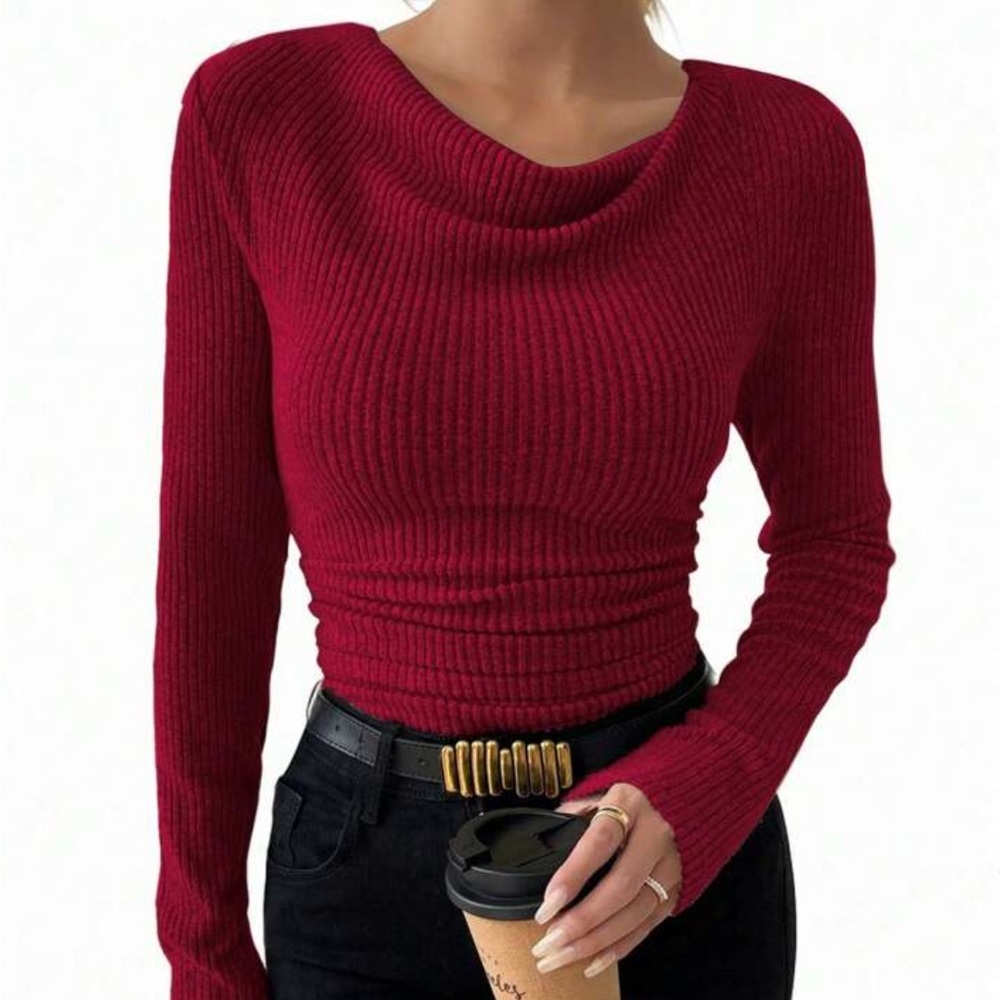 Red Ribbed Long Sleeve Cowl-Neck Ruched Knit Top (Emery Rose Style)